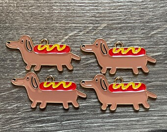 4 - Enamel Weiner Dog Hot Dog Dachshund Charms