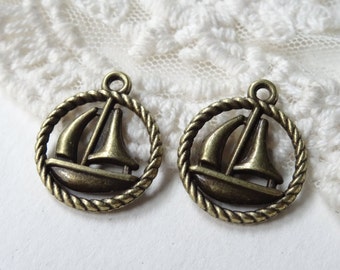 10- Nautical Sailboat Charms Ship Rope Detail 3D Double Sided Vessel Sailing Boat Captains Ship Diy Jewelry Making Craft Supplies Inv0048