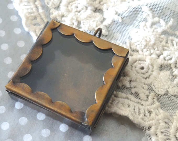 1 Shadow Box Pendant Large Scalloped Edge Square Glass Locket Vintage