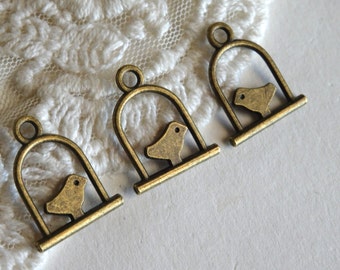 10-Bird Cage Charms Vintage Bronze Retro Miniature Flat Small Double Sided Charms Indie Bird Jewelry Making Supplies Inv0139