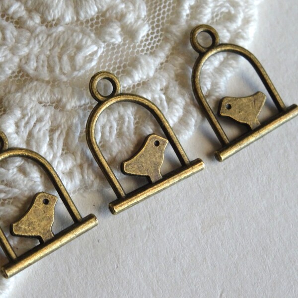 10-Bird Cage Charms Vintage Bronze Retro Miniature Flat Small Double Sided Charms Indie Bird Jewelry Making Supplies Inv0139