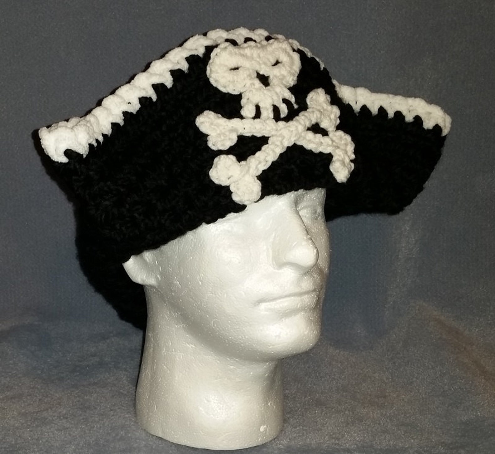 Tricorn Black Pirate Hat Skull and Crossbones Crochet Etsy