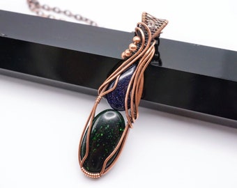 Goldstone Necklace | Wire Wrapped Goldstone | Green & Blue Goldstone | Copper Pendant | Handmade By Sigrid Anne Design