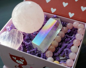 Crystal Gift Box Set | 4 Piece Crystal Gift Set |  Rose Quartz | Rose Quartz Beaded Bracelet | Angel Aura Quartz | Sigrid Anne Design