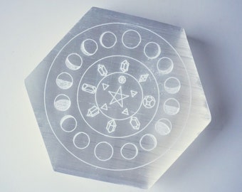 Selenite Hexagon Moon Phases Dish | Selenite Moon Plate | Sigrid Anne Design