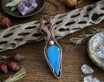 Blue Labradorite Copper Pendant Necklace, Wire Wrapped Gemstone Pendant, Statement Jewelry, Whimsy Necklace, Sigrid Anne Design