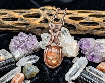 Sunstone Wire Wrapped Necklace, Antique Copper Crystal Pendant, Handmade Jewelry Gift by Sigrid Anne Design