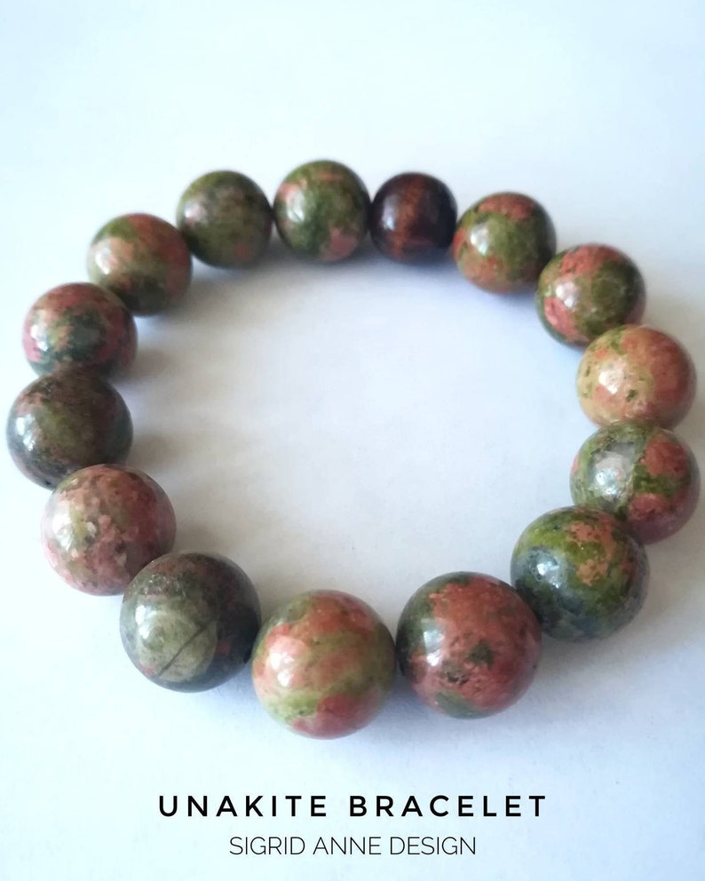 Unakite 12mm Beaded Bracelet Unisex Bracelet Green Bead Bracelet Friendship Bracelet Sigrid Anne Design image 4