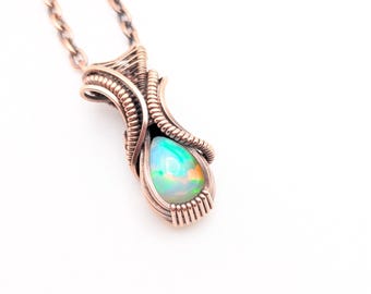 Ethiopian Opal Wire Wrapped Necklace, Antique Copper Crystal Pendant, Handmade Jewelry Gift, For Girlfriend, For Mom, Birthday Gift