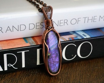 Purple Labradorite Copper Pendant Necklace | Wire Wrapped Pendant | Purple Labradorite Crystal in Antiqued Copper | Sigrid Anne Design