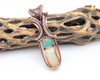 Double Rose Cut Ethiopian Opal Wire Wrapped Necklace, Opal Copper Pendant, Jewelry Gift, Birthday Gift, For Girlfriend, Stocking Stuffer