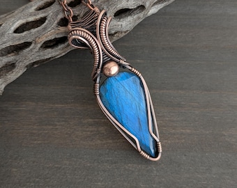 Blue Labradorite Copper Pendant Necklace, Wire Wrapped Gemstone Pendant, Statement Jewelry, Whimsy Necklace, Sigrid Anne Design