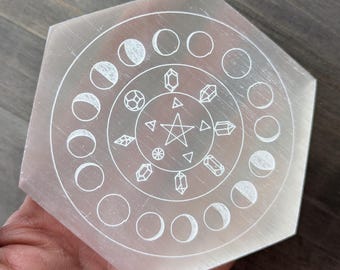 Selenite Hexagon Moon Phases Dish | Selenite Moon Plate | Sigrid Anne Design