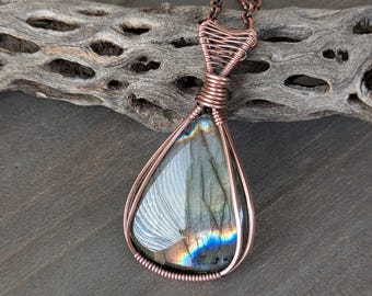 Spectrolite Labradorite Copper Wire Wrapped Pendant, Rainbow Labradorite Necklace, Handmade Wire Wrap Crystal Jewelry, Elven Boho Gift