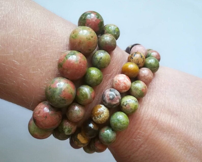 Unakite 12mm Beaded Bracelet Unisex Bracelet Green Bead Bracelet Friendship Bracelet Sigrid Anne Design image 2