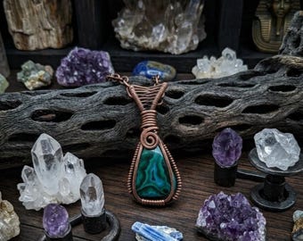Chrysocolla Malachite Wire Wrapped Necklace, Gemstone Copper Pendant, Birthday Gift, For Her, For Mom, Unique Gift, For Girlfriend