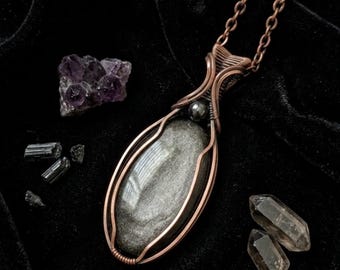 Silver Sheen Obsedian Copper Pendant, Handmade Wire Wrapped Gemstone Crystal Pendant, Hematite, Statement Jewelry, Birthday Gift, For Her
