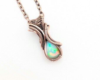 Ethiopian Opal Wire Wrapped Necklace, Antique Copper Crystal Pendant, Handmade Jewelry Gift, For Girlfriend, For Mom, Birthday Gift