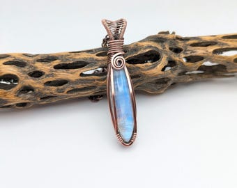 Moonstone Wire Wrapped Necklace, Antique Copper Crystal Pendant, Handmade Jewelry Gift, Birthday Gift, Stocking Stuffer, Anniversary Gift