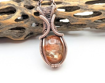 Sunstone Wire Wrapped Necklace, Antique Copper Crystal Pendant, Handmade Jewelry Gift by Sigrid Anne Design