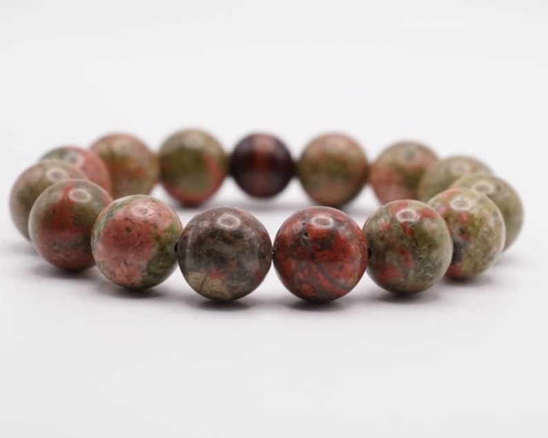 Unakite 12mm Beaded Bracelet Unisex Bracelet Green Bead Bracelet Friendship Bracelet Sigrid Anne Design image 1