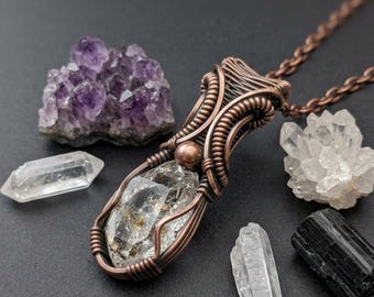 Handcrafted Herkimer Diamond Pendant in Antiqued Copper, Copper Chain Included, Wire Wrapped Crystal Pendant, Gift for her, Whimsy Jewelry