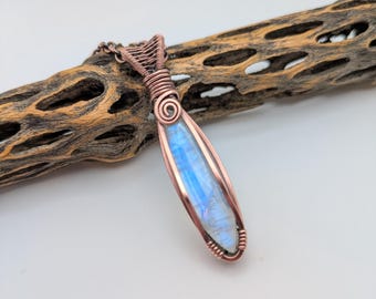 Moonstone Wire Wrapped Necklace, Antique Copper Crystal Pendant, Handmade Jewelry Gift, Birthday Gift, Stocking Stuffer, Anniversary Gift