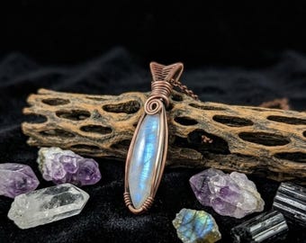 Moonstone Wire Wrapped Necklace, Antique Copper Crystal Pendant, Handmade Jewelry Gift, Birthday Gift, Stocking Stuffer, Anniversary Gift