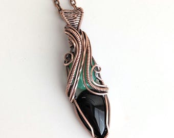 Handmade Chrysoprase and Onyx Pendant, Intricate Copper Wire Wrapped Artisan Necklace with Copper Chain, Boho Gemstone Jewelry