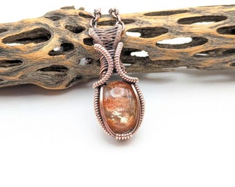 Sunstone Wire Wrapped Necklace, Antique Copper Crystal Pendant, Handmade Jewelry Gift by Sigrid Anne Design