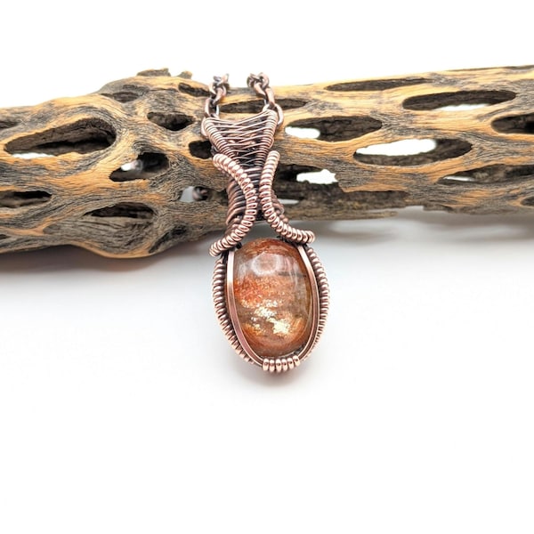Sunstone Wire Wrapped Necklace, Antique Copper Crystal Pendant, Handmade Jewelry Gift by Sigrid Anne Design