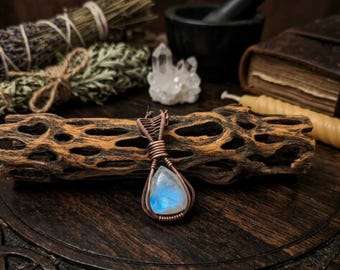 Moonstone Wire Wrapped Necklace, Moonstone Crystal Necklace, Copper, Unique, Birthday Gift, For Girlfriend, Handmade, For Her, Jewelry
