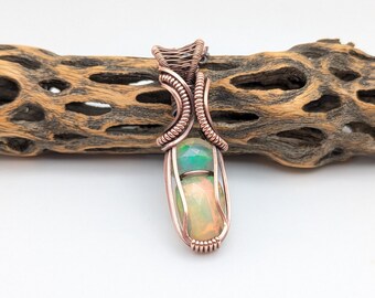 Double Rose Cut Ethiopian Opal Wire Wrapped Necklace, Opal Copper Pendant, Jewelry Gift, Birthday Gift, For Girlfriend, Stocking Stuffer