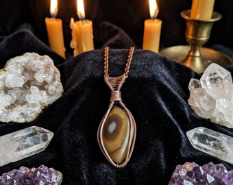 Eye Agate Pendant, Copper Wire Wrapped, Wire Wrap Jewelry, Gemstone Pendant, Banded Agate Necklace, Earthy Boho Pendant