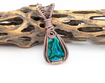 Chrysocolla Malachite Wire Wrapped Necklace, Gemstone Copper Pendant, Birthday Gift, For Her, For Mom, Unique Gift, For Girlfriend