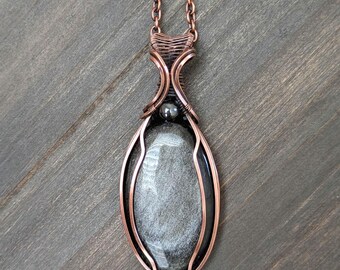 Silver Sheen Obsedian Copper Pendant, Handmade Wire Wrapped Gemstone Crystal Pendant, Hematite, Statement Jewelry, Birthday Gift, For Her