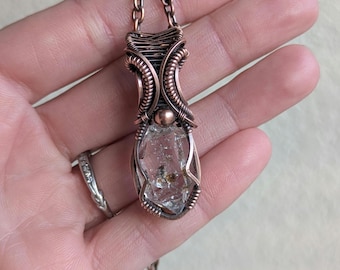 Handcrafted Herkimer Diamond Pendant in Antiqued Copper, Copper Chain Included, Wire Wrapped Crystal Pendant, Gift for her, Whimsy Jewelry
