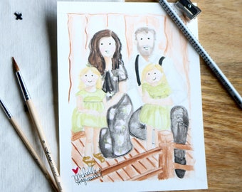 Lápis de FAMÍLIA + retrato em aquarela, Retrato PERSONALIZADO,