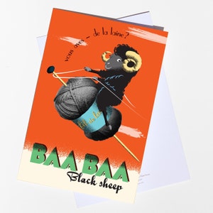 Biglietto d'auguri bianco pecora nera Baa Baa in stile vintage