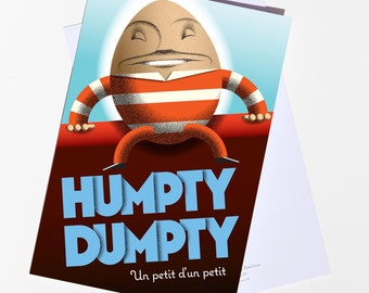 Peut inclure: Carte de vœux avec une illustration de Humpty Dumpty, un personnage en forme d'œuf avec une moustache, portant une chemise rayée rouge et blanche. La carte porte l'inscription "HUMPTY DUMPTY" en bleu et "Un petit d'un petit".