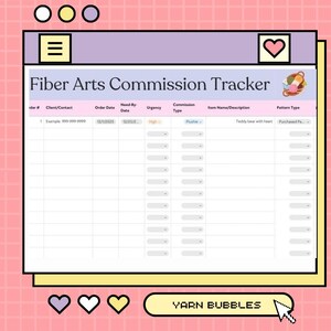 May include: A digital commission tracker for fiber arts, displayed on a pink grid background. The tracker includes fields for client information, order dates, and commission details. The text "Fiber Arts Commission Tracker" is at the top.