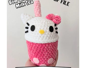 Bow Cat Boba Crochet Pattern PDF | Cute Bubble Tea Amigurumi Plush | Beginner Friendly Kawaii Crochet Pattern