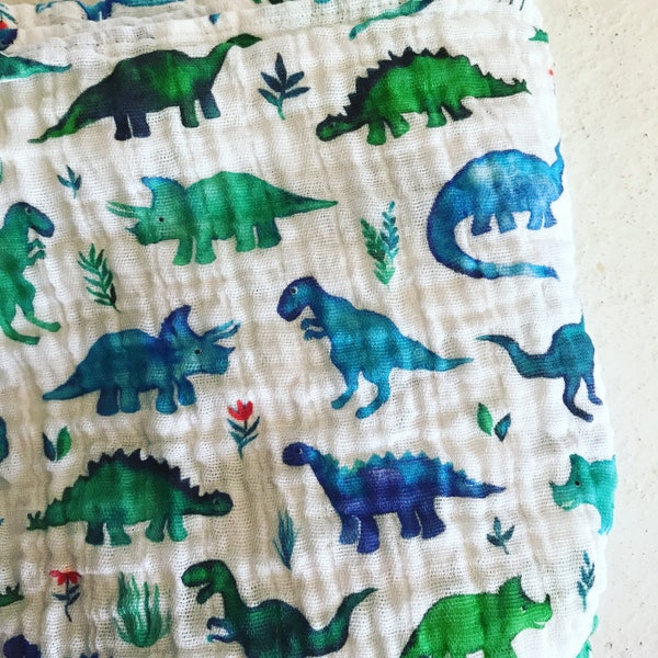 Dinosaur Muslin Swaddle Blanket, Dinosaur Gauze Swaddle Blanket, Blue swaddle blanket, Green swaddle blanket, baby boy blanket, boy swaddle
