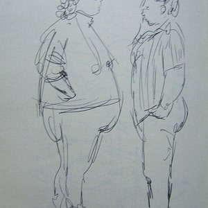 Duo - Folks Talking, obszar San Francisco w latach 90., szkic Dorothy Messenger na zwykłym PAPIERZE 8,5 x 11. Darmowa wysyłka na terenie USA.