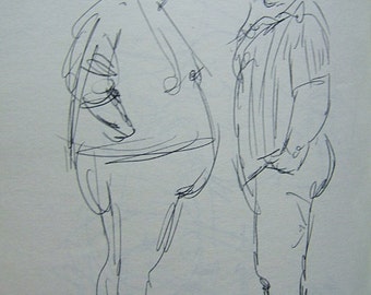 Duo - Folks Talking, SF area in 90's, sketch by Dorothy Messenger on 8.5 x11 plain PAPER FREE Shipping in U.S.A.
