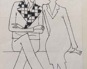 May include: Black and white line drawing of a couple sitting side by side. The woman is wearing a hat with multiple layers. The man is wearing a checkered vest.