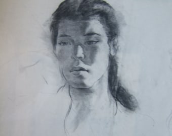 Woman's Portrait, Woman's Charcoal Portrait; a lady, unknown,  you receive copy; Free ship in UsA Large is on sale