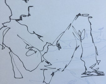 Sitting  Dutchman, in Holland. Ink sketch, a copy of the original, by Dorothy Messenger.   Man with Glasses, relaxed.