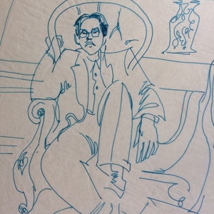 Ajmal in apartment, copy of rare original, ketch, green ink; copy of tissue paper image on 8.5 x11&quot;    free shipping in USA.