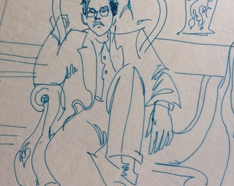 Ajmal in apartment, copy of rare original, ketch, green ink; copy of tissue paper image on 8.5 x11"    free shipping in USA.